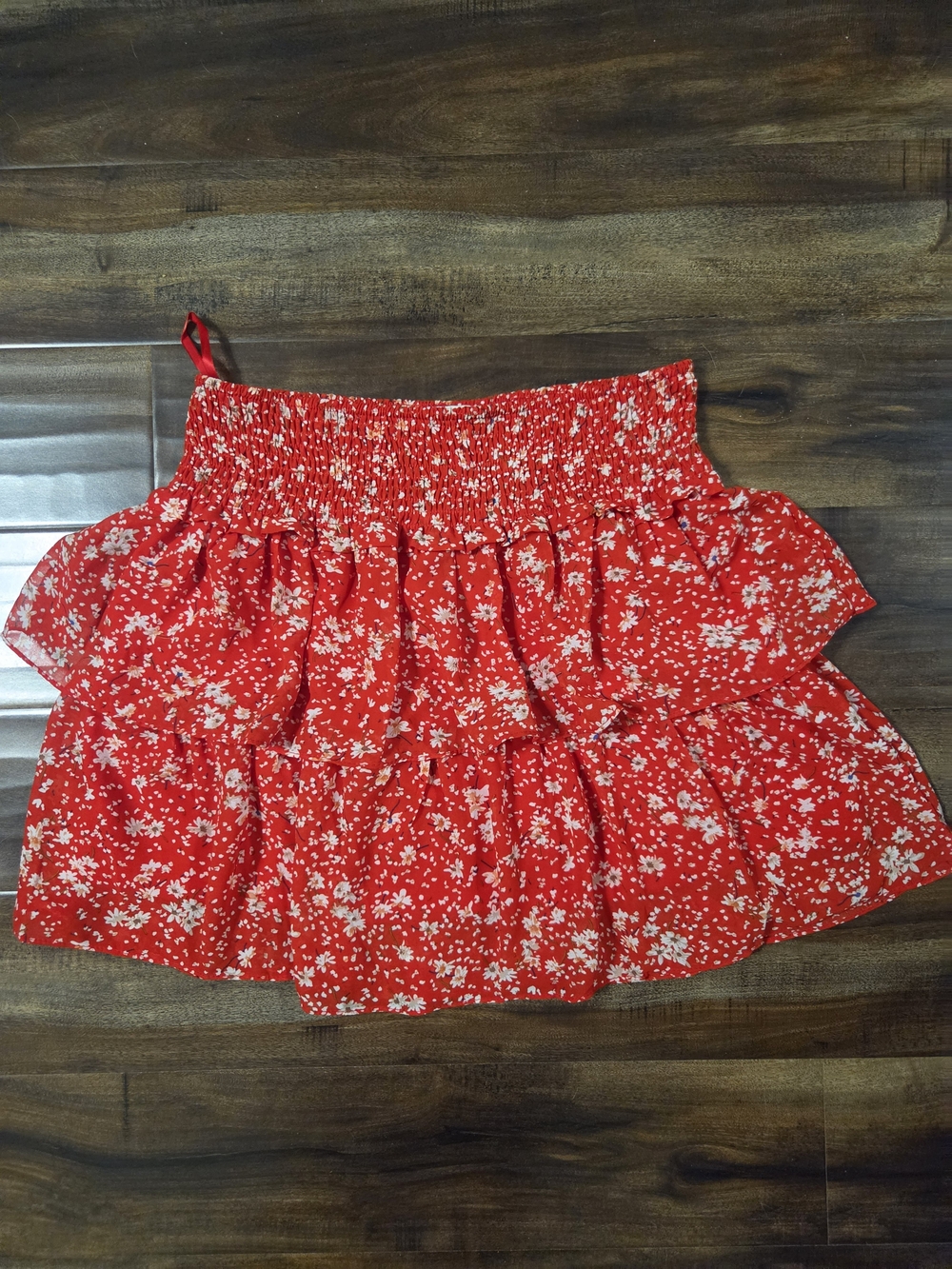 She + Sky Red Floral Tiered Smocked Mini Skirt